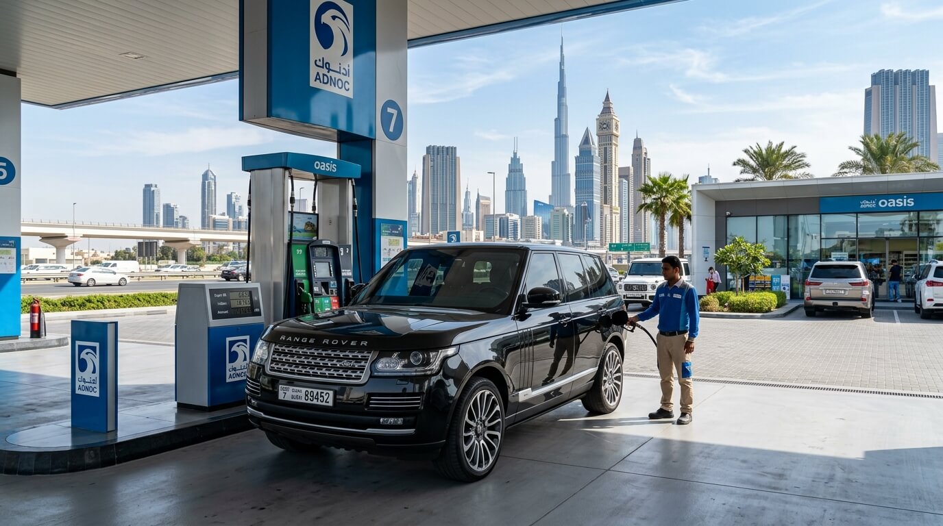 Man in blue uniform refueling black Range Rover at ADNOC gas station with Dubai skyline and Burj Khalifa in background