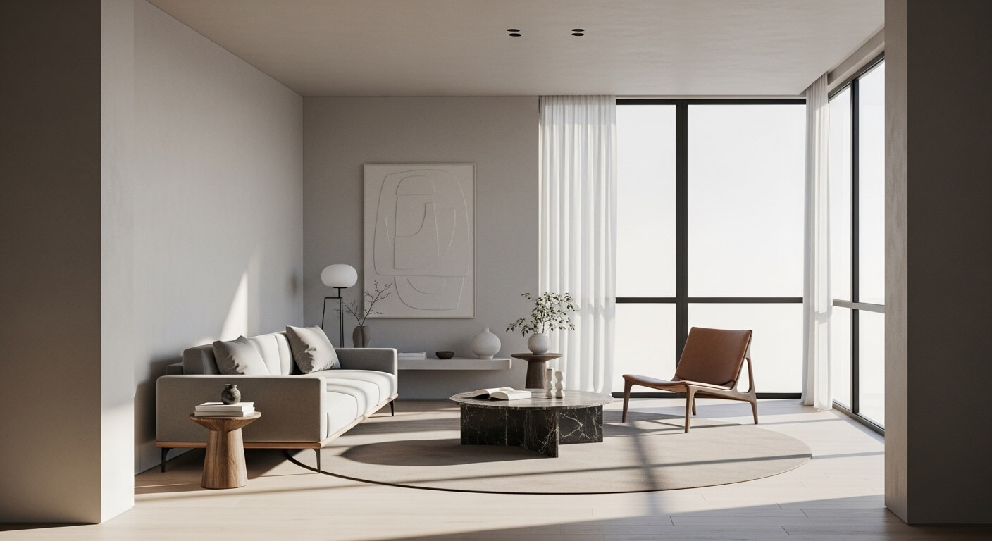 Minimalist living room with gray sofa, brown leather chair, round marble coffee table, and large windows with sheer curtains.
