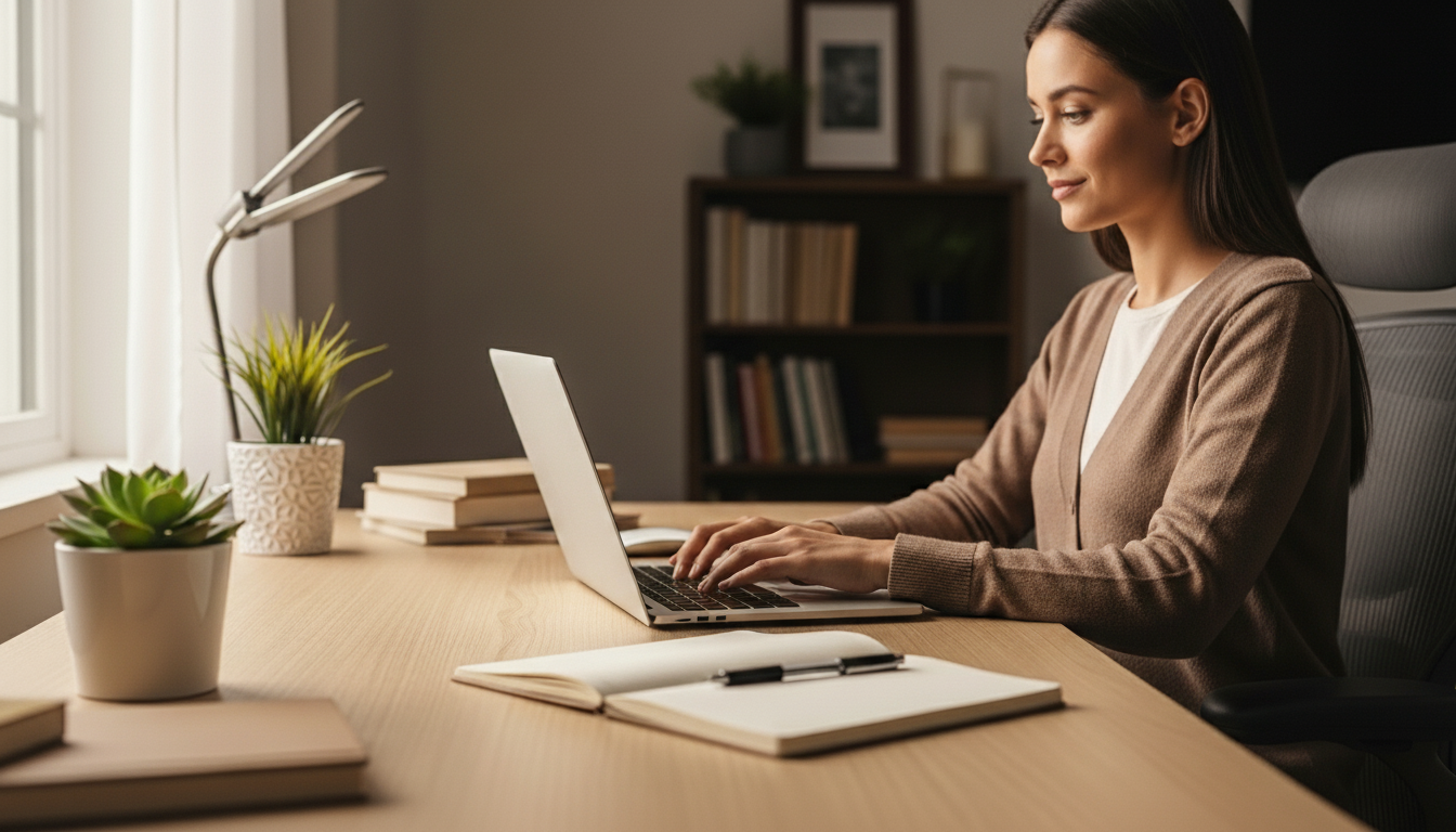 Woman in brown cardigan typing on laptop at wooden desk with plants and open notebook in home office