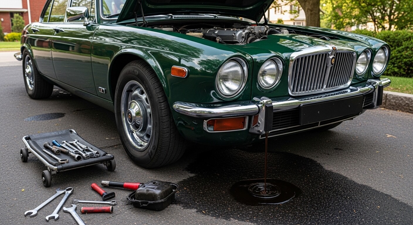 Green classic Jaguar car with oil draining from engine and mechanic tools on the ground nearby