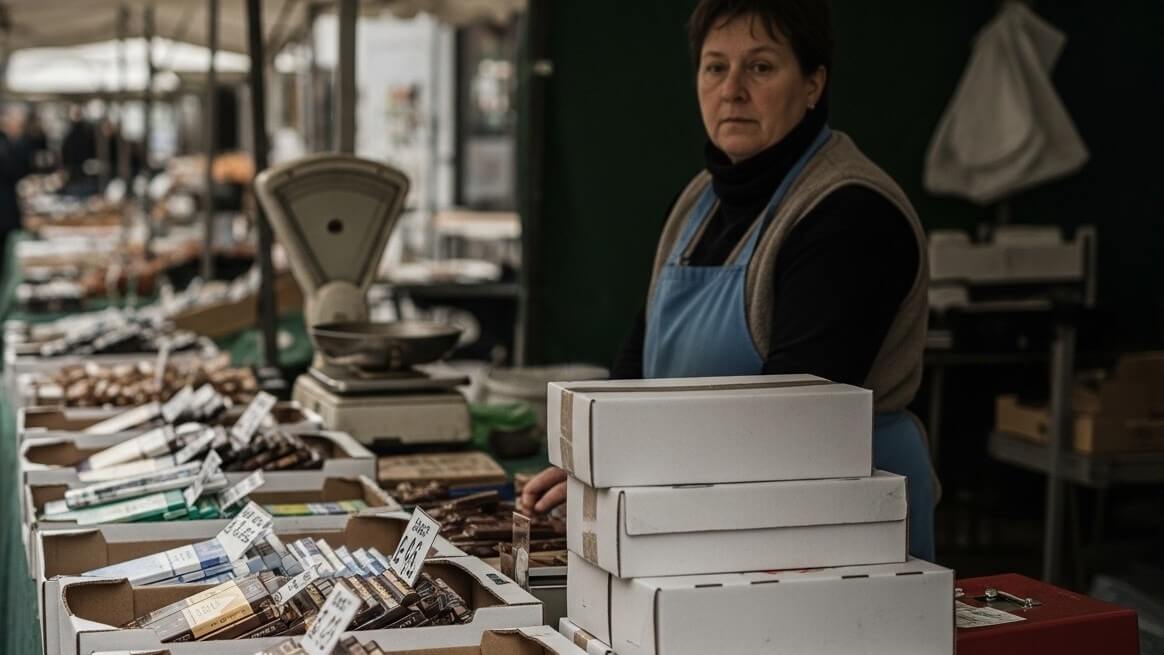 Woman in blue apron standing behind a market stall with boxes and packaged goods for sale