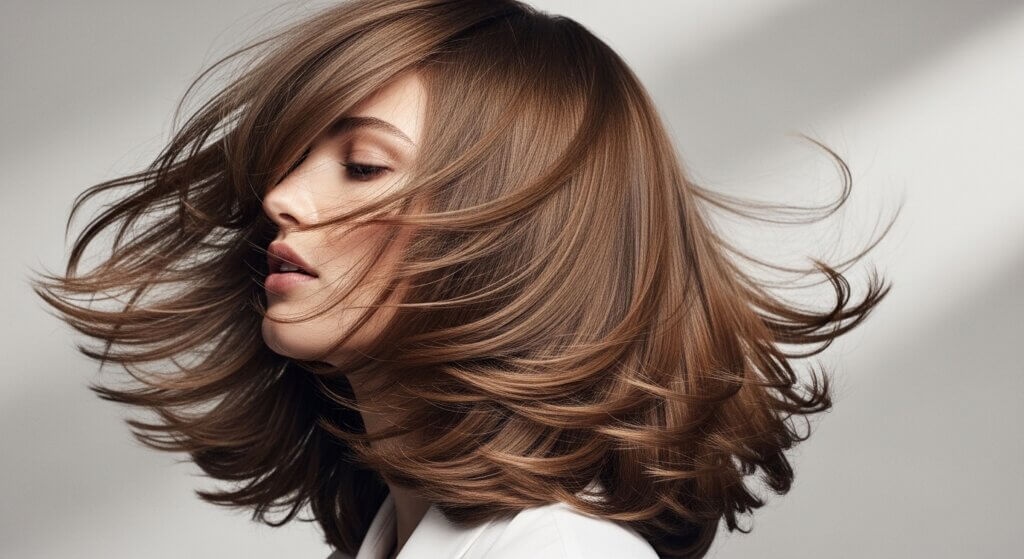 Woman with medium-length brown hair blowing in the wind against a neutral background