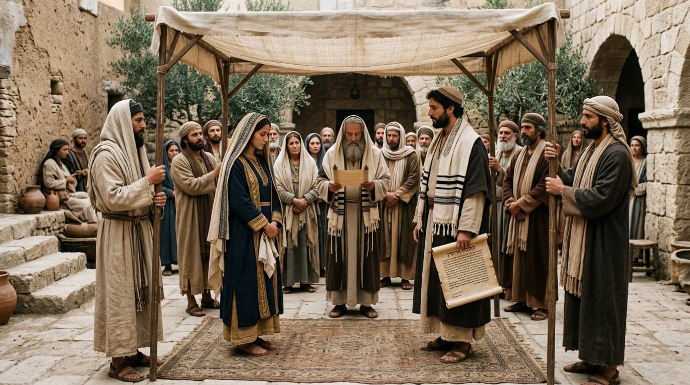 A traditional Jewish wedding ceremony with a rabbi reading a scroll under a chuppah surrounded by guests in ancient attire.