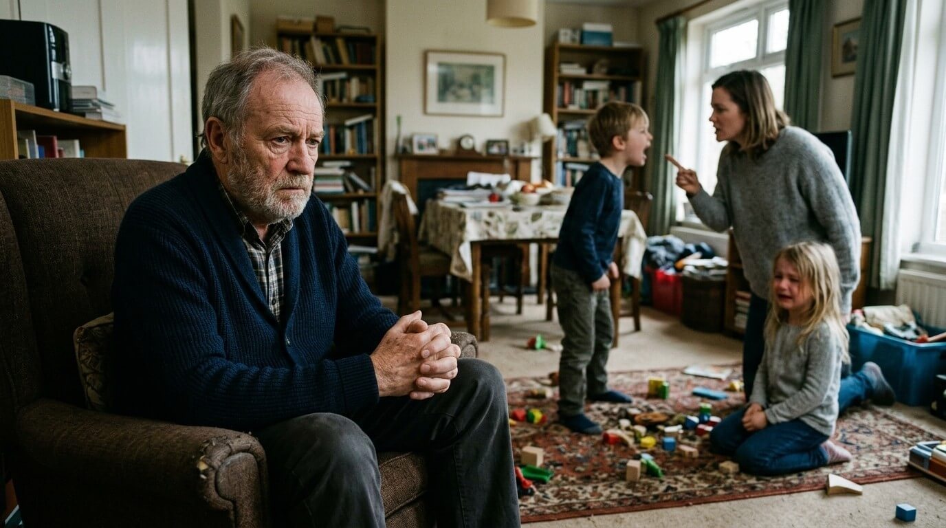 Older man sitting solemnly on armchair while woman scolds boy and girl cries on floor in living room
