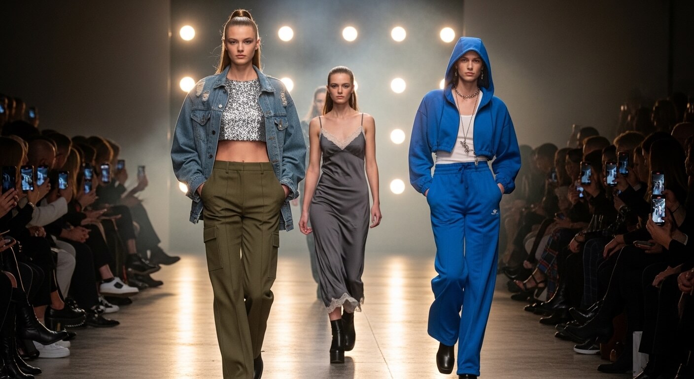 Three models walk a runway wearing casual and satin outfits during a fashion show with audience filming on phones.