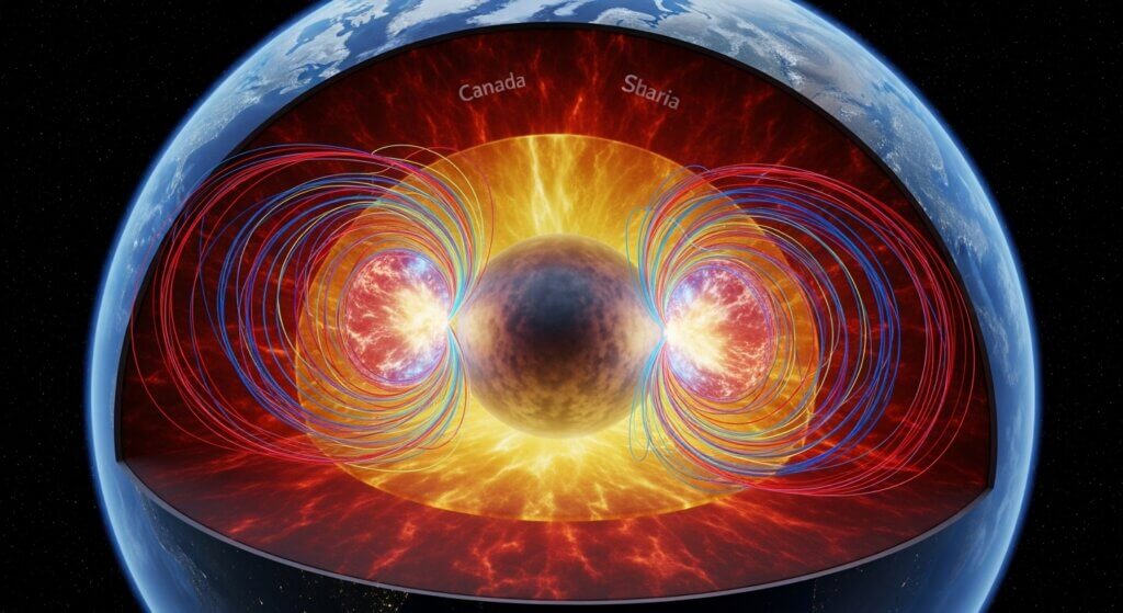 Cross-section of Earth showing its molten core and magnetic field lines.