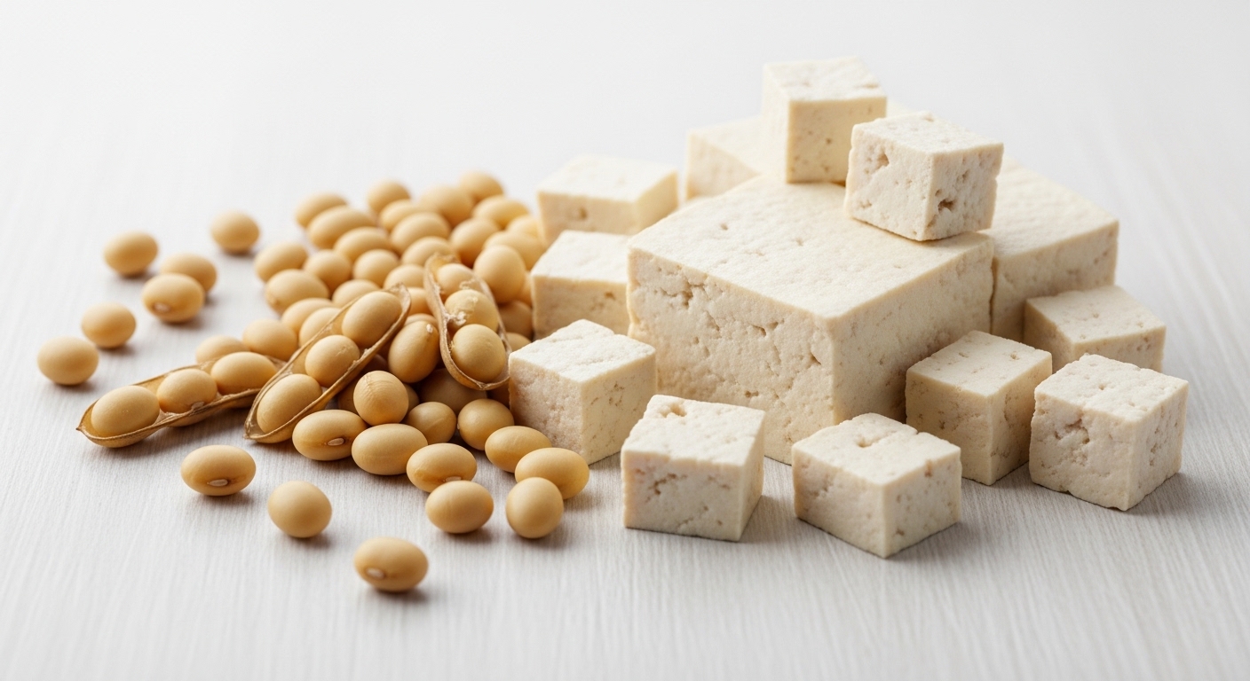 Soybeans and cubed tofu on a light wooden surface.
