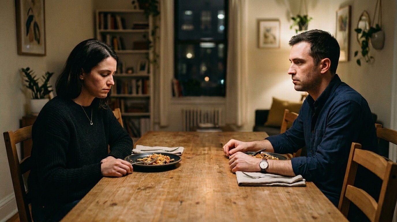 Man and woman sitting silently across from each other at a wooden dining table with plates of food.