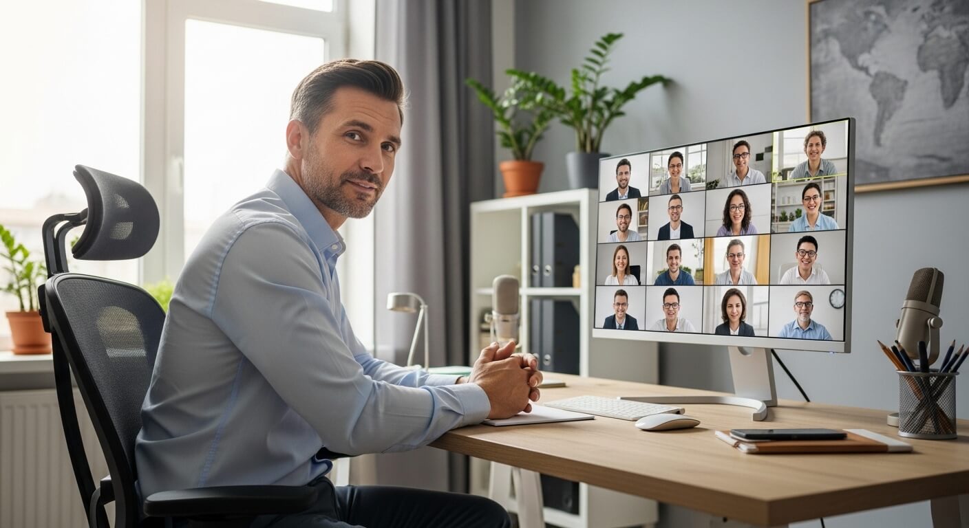 Man in blue shirt sitting at desk participating in a video conference with 20 people on a large monitor
