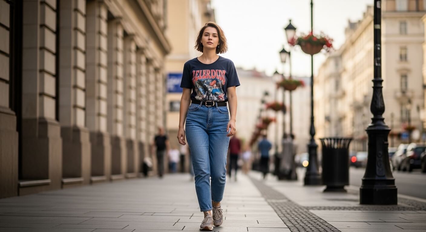 Young woman walking on a city sidewalk wearing a black graphic t-shirt and blue jeans