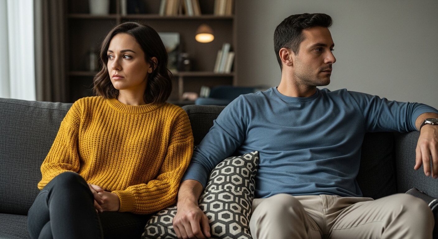 Couple sitting on a couch looking away from each other, appearing upset or distant.
