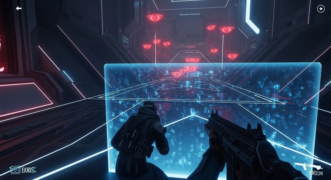 First-person shooter view of a soldier aiming at red digital eyes behind a blue holographic shield in a futuristic corridor.