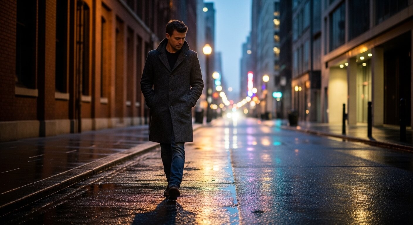 Man in dark coat walking on wet city street at dusk with colorful reflections on pavement