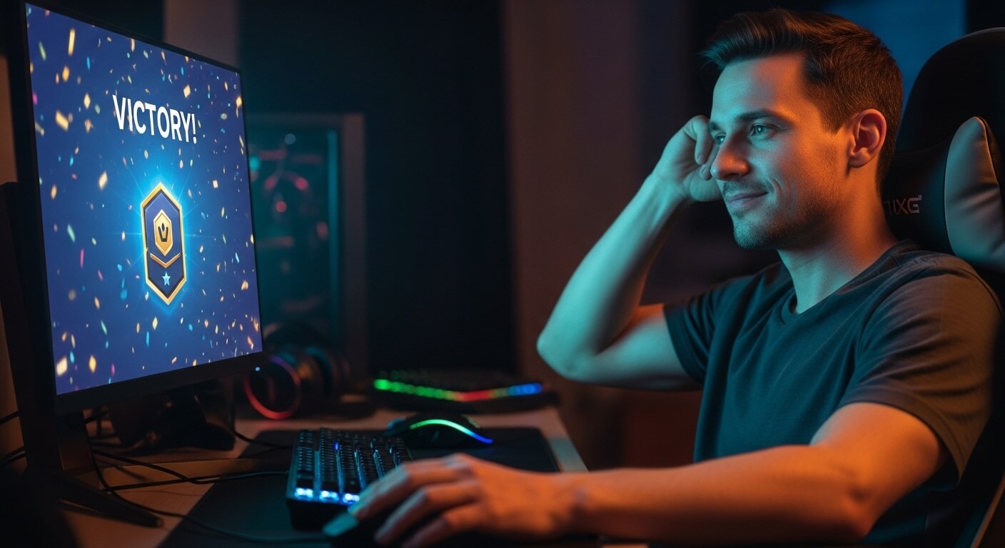 Man smiling while playing a video game showing "VICTORY!" on the screen in a dark room