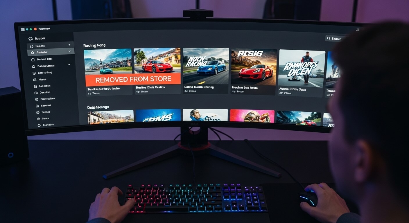 Person browsing a racing game store on an ultra-wide curved monitor with a colorful backlit keyboard and gaming mouse.