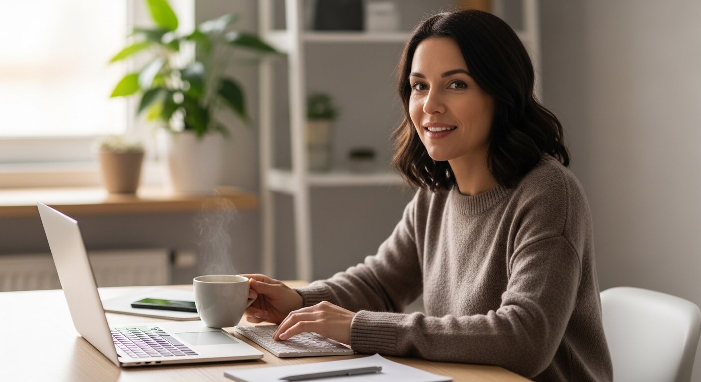 Woman in a brown sweater working on a laptop while holding a steaming cup of coffee at a desk.
