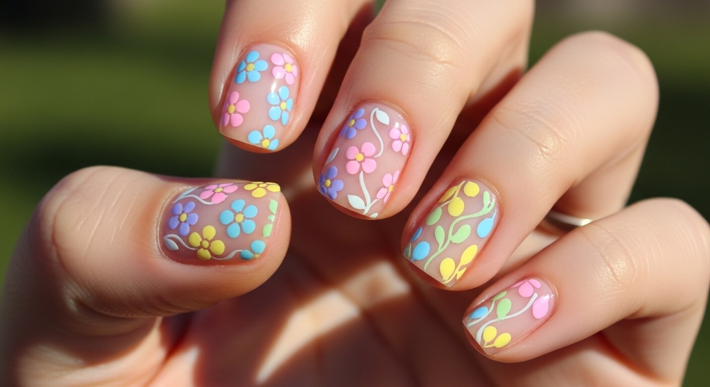 Hand with pastel floral nail art featuring blue, pink, yellow, and green flowers on a natural base.