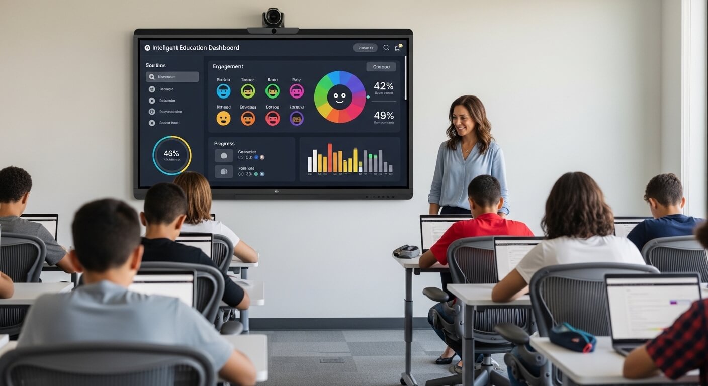 Teacher standing by a screen showing an Intelligent Education Dashboard while students work on laptops in a classroom.