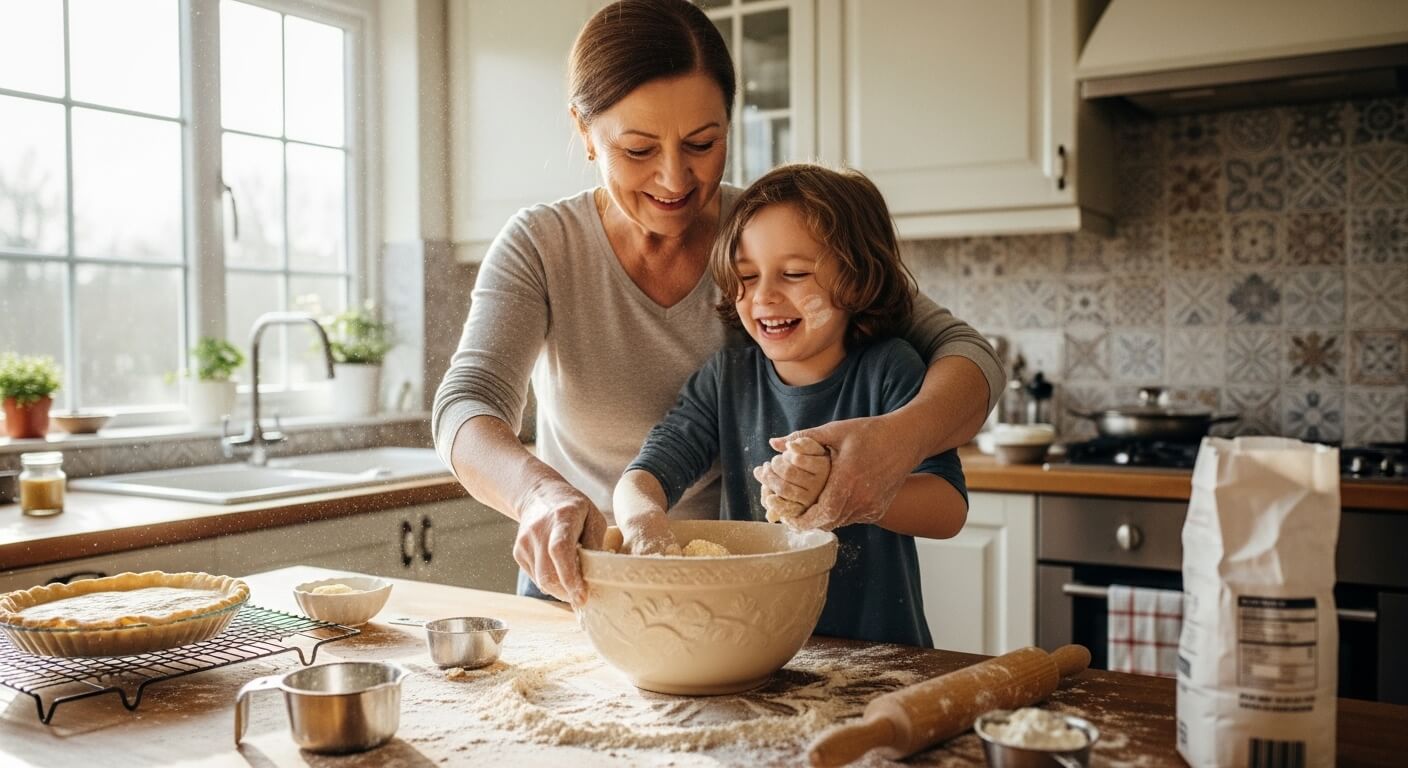 Woman and child smiling while mixing dough in a bowl in a sunlit kitchen with baking ingredients on the counter
