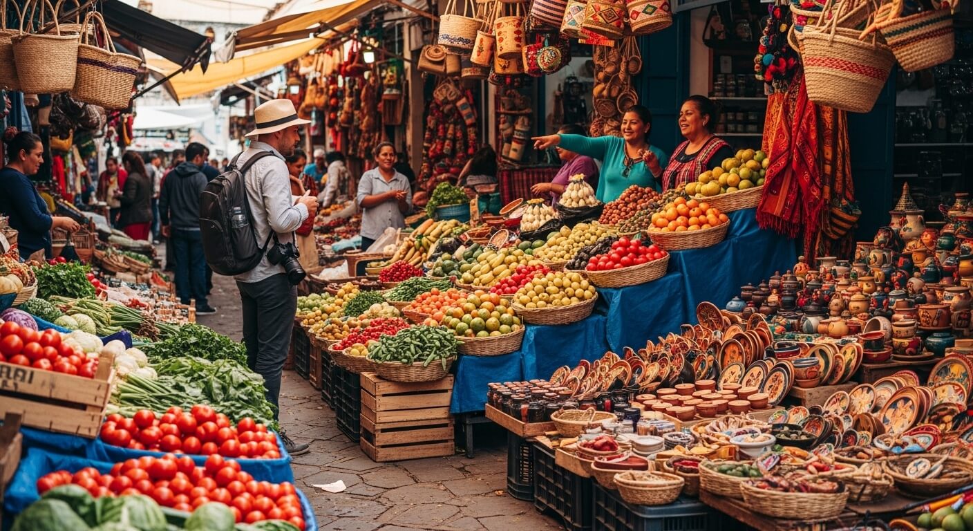 Man with hat and camera shopping at colorful outdoor market with fruits, vegetables, and pottery stalls