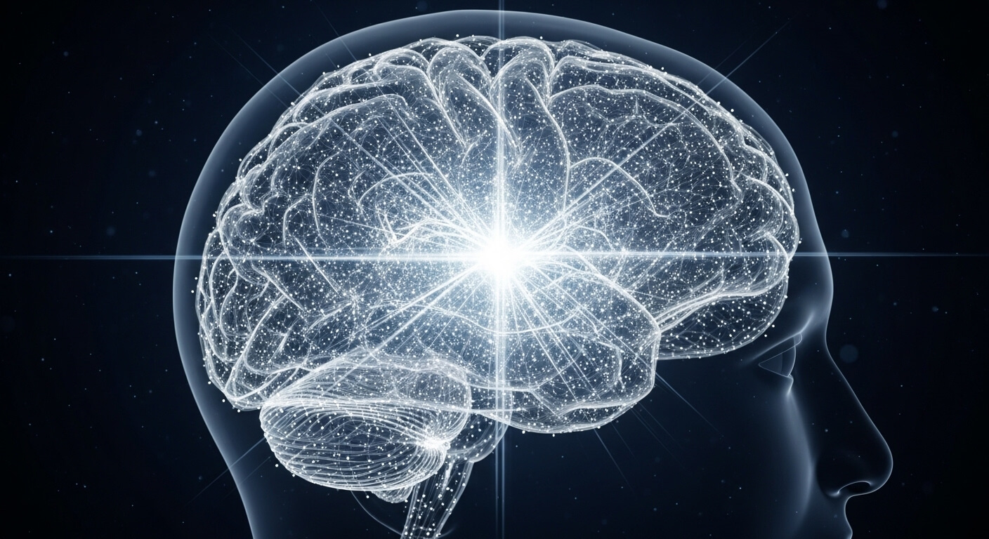 3D illustration of a glowing human brain inside a translucent head with neural network connections visible