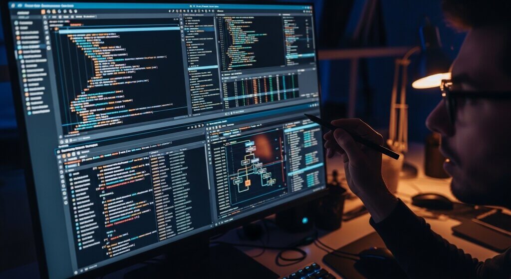 Person pointing at computer screen displaying multiple code editors and software development tools in a dimly lit room