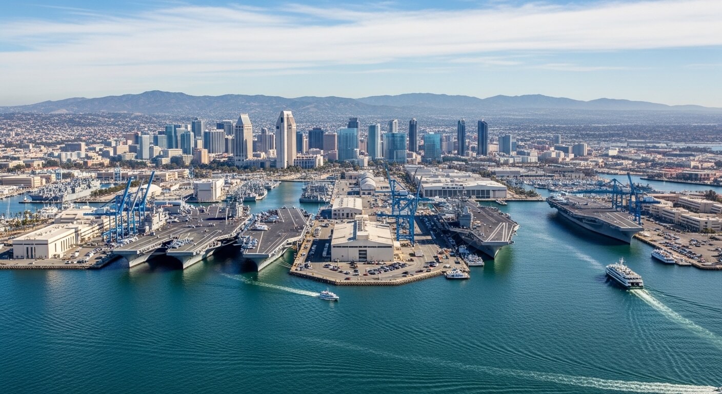 Aerial view of San Diego harbor with naval aircraft carriers docked and downtown skyline in the background.