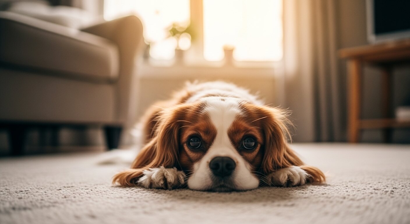 Cavalier King Charles Spaniel lying on carpet in a sunlit living room with furniture in the background.