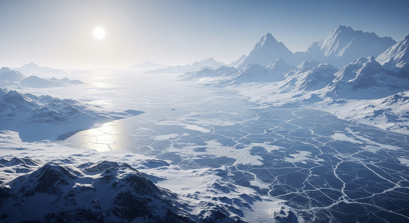 Sunlit frozen lake surrounded by snow-covered mountains under a clear sky.