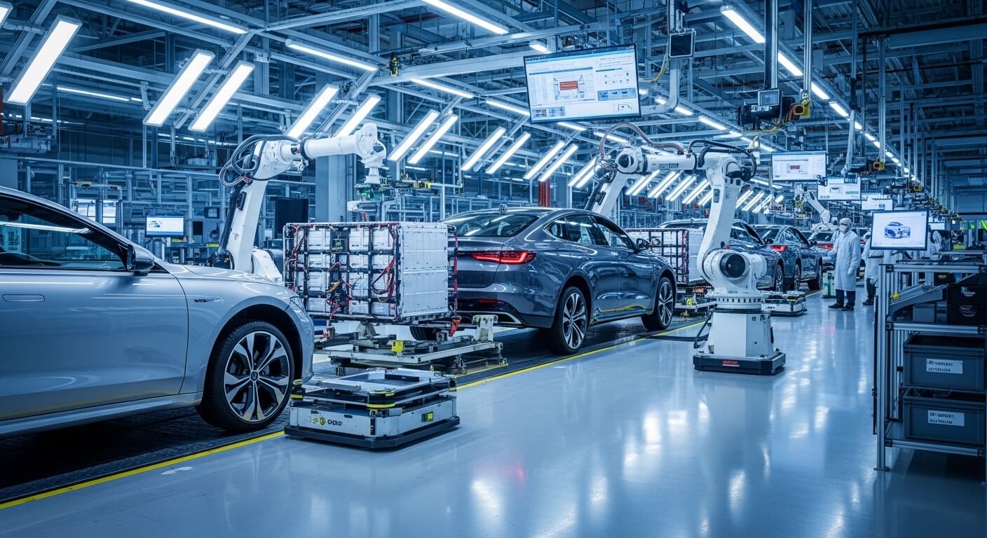 Automated robotic arms assembling electric vehicles on a production line in a modern factory.