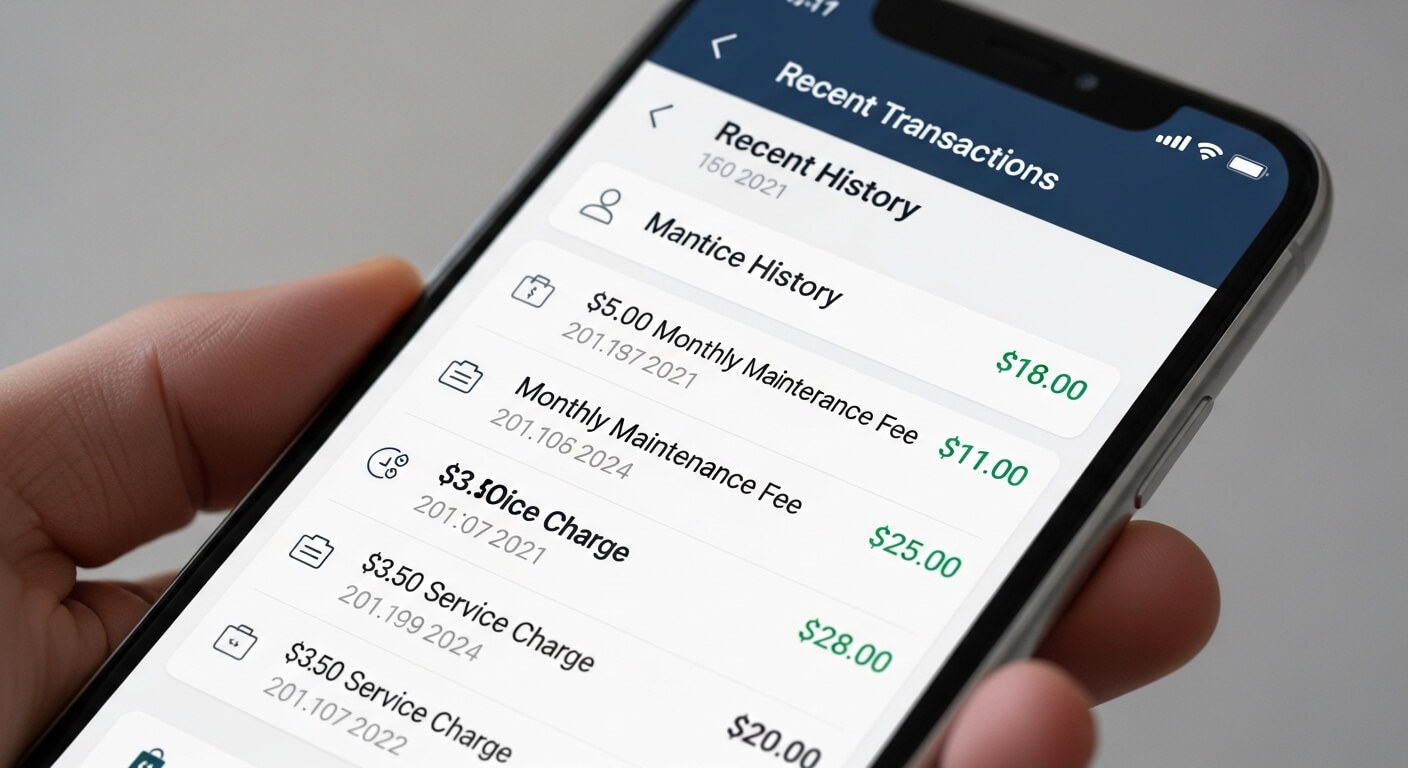 Recent transactions list on a smartphone showing monthly maintenance and service charges with amounts in green and black text.
