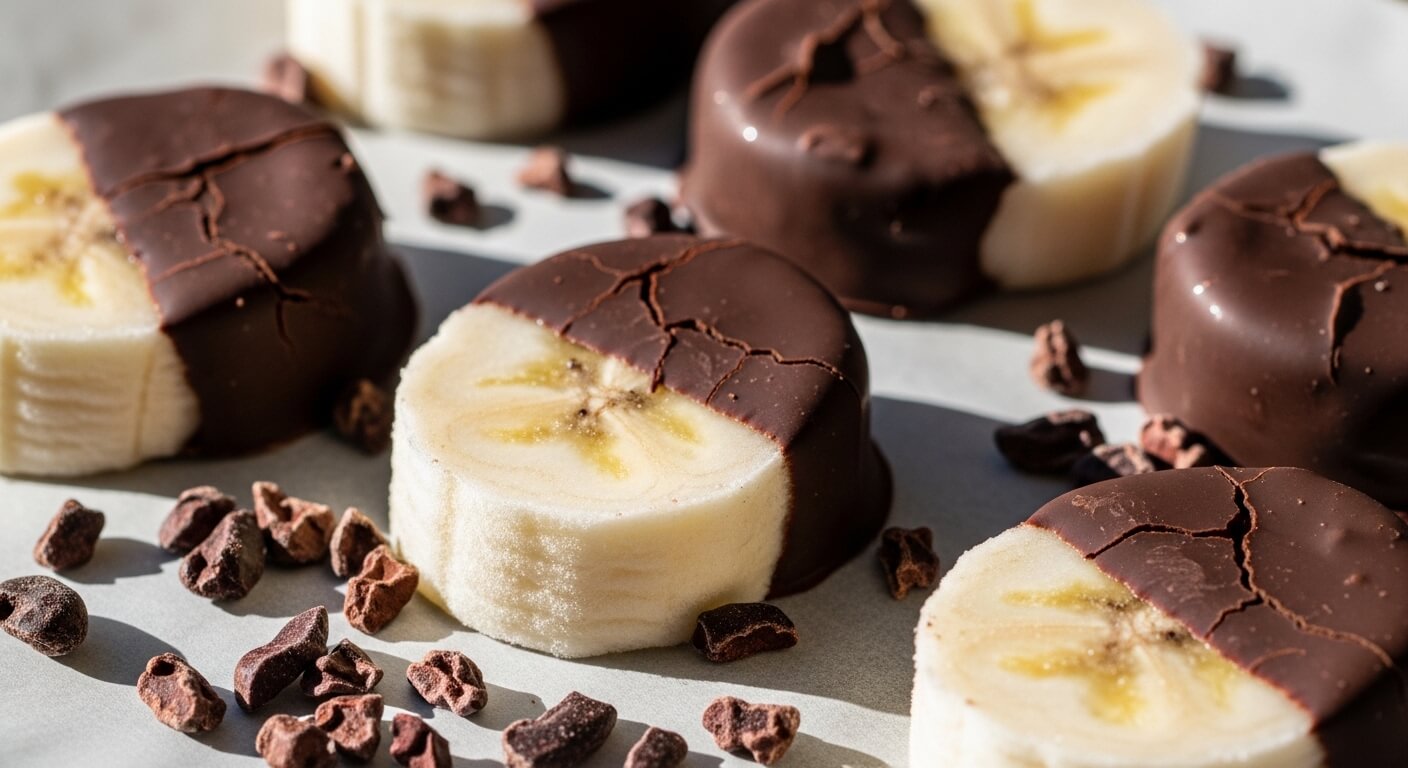 Banana slices half-dipped in cracked dark chocolate with cacao nibs scattered around on a light surface.