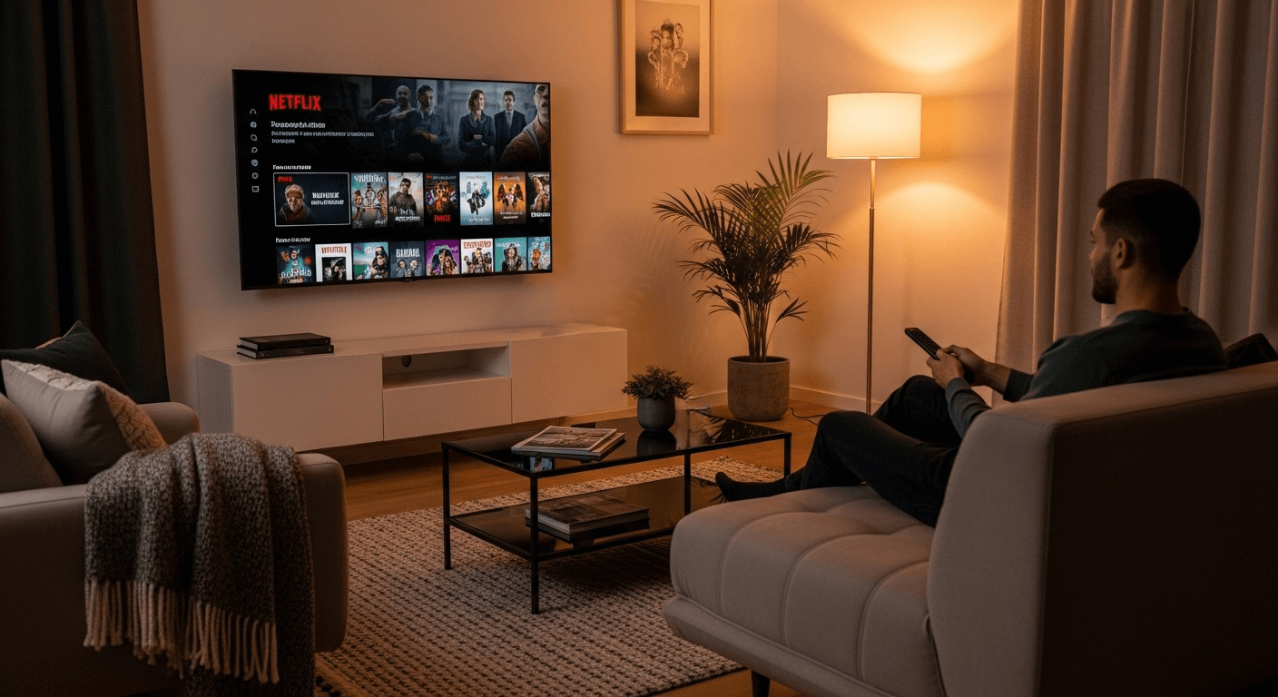 Man sitting on a couch holding a remote, watching Netflix on a wall-mounted TV in a cozy living room.