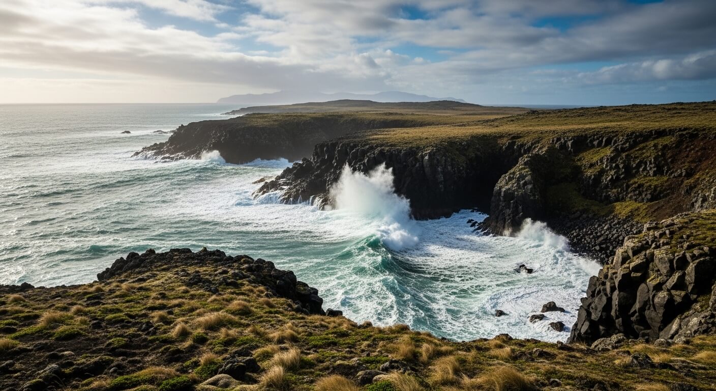 Waves crashing against rocky cliffs along a rugged coastline under a cloudy sky.