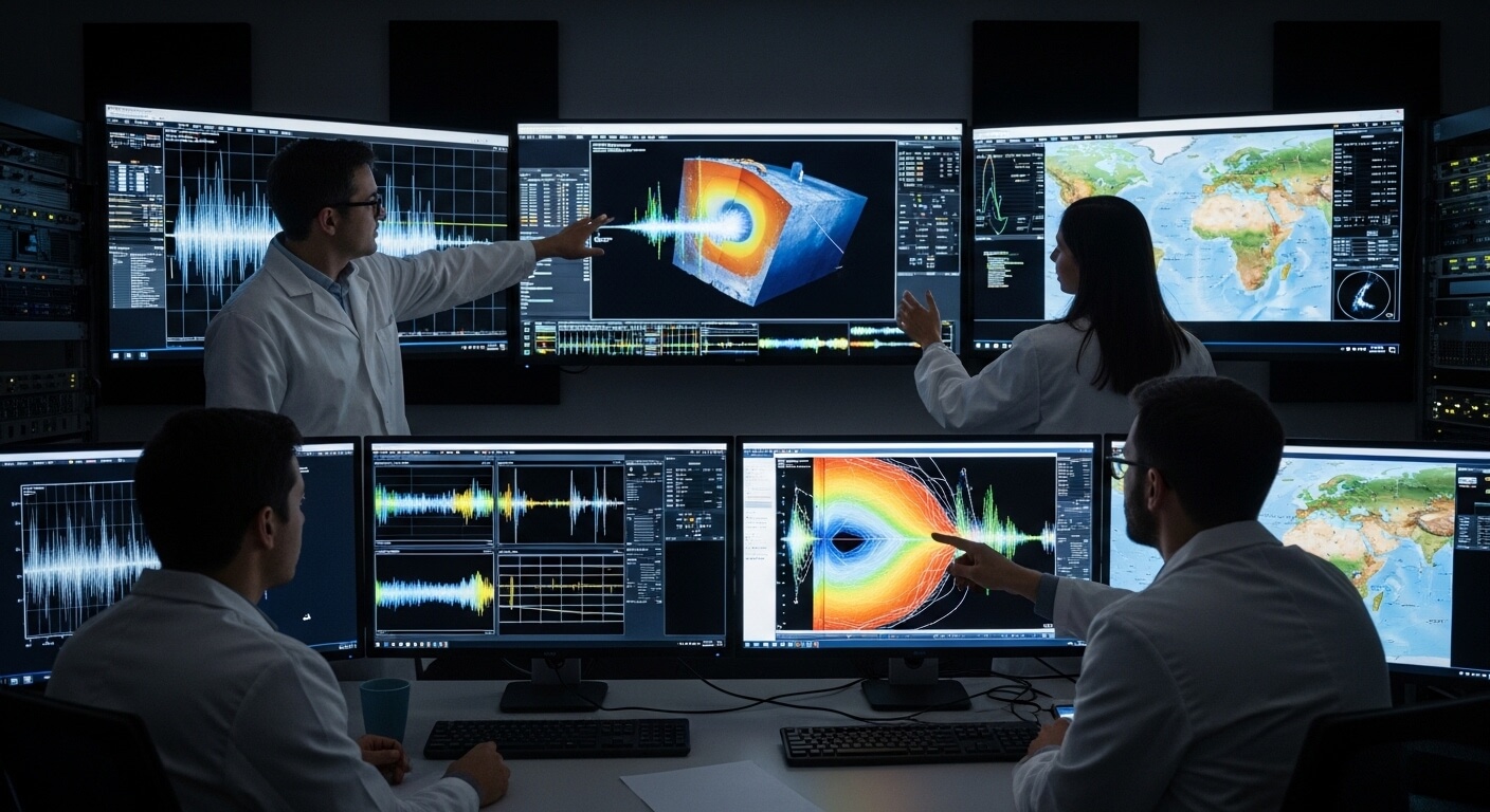 Scientists in lab coats analyzing seismic data and Earth cross-section visuals on multiple monitors in a control room.