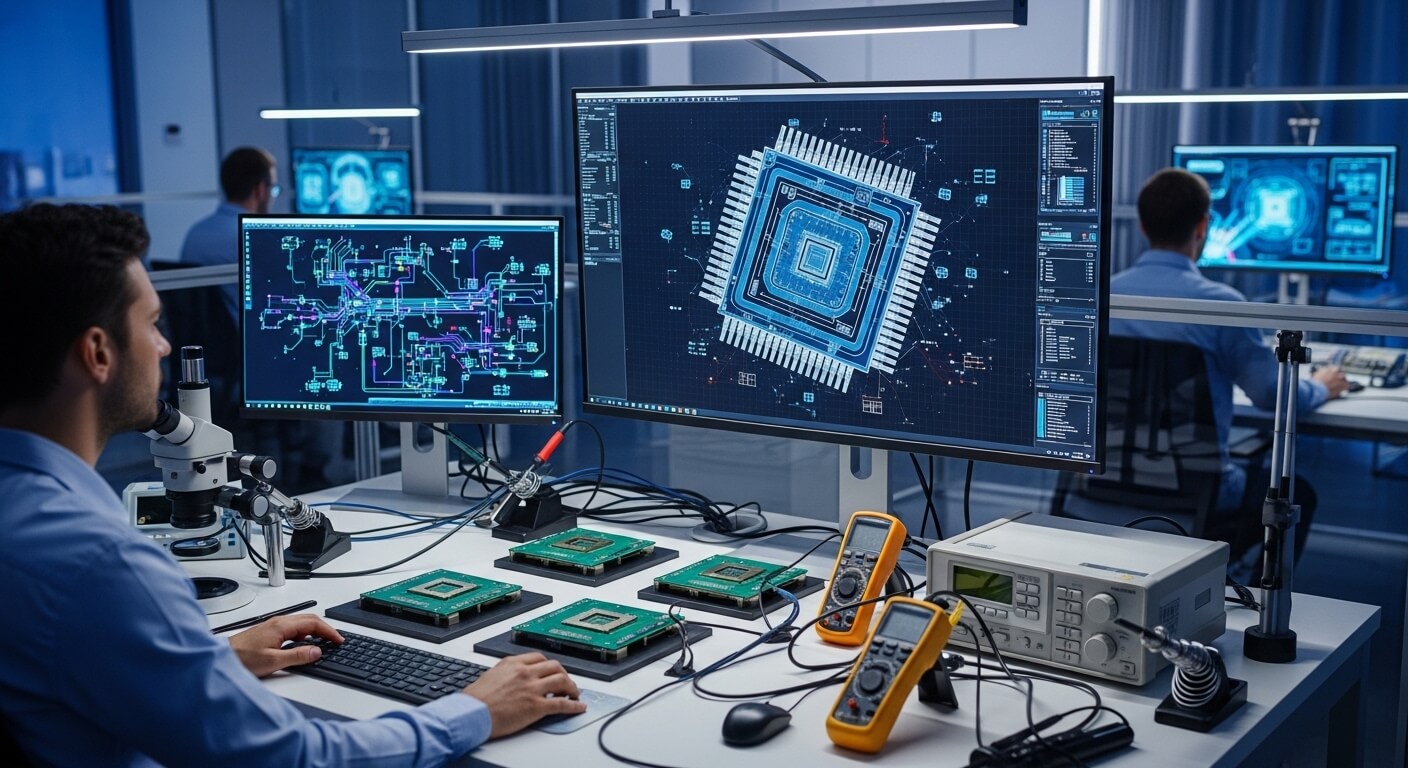 Engineer analyzing microchip designs on dual monitors with circuit boards and electronic testing equipment on desk