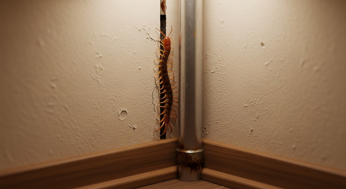 Centipede climbing a crack in a wall near a rusty metal pipe in a corner with wooden baseboards.