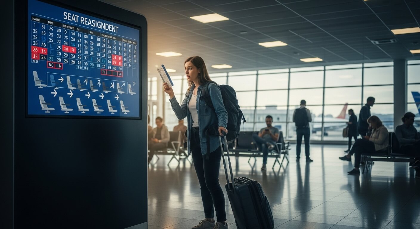 Woman with backpack and suitcase checking seat reassignment screen at airport terminal.