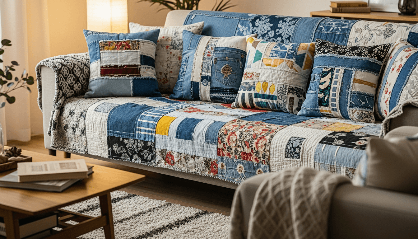 Patchwork quilted sofa cover and matching pillows with floral and denim patterns in a cozy living room