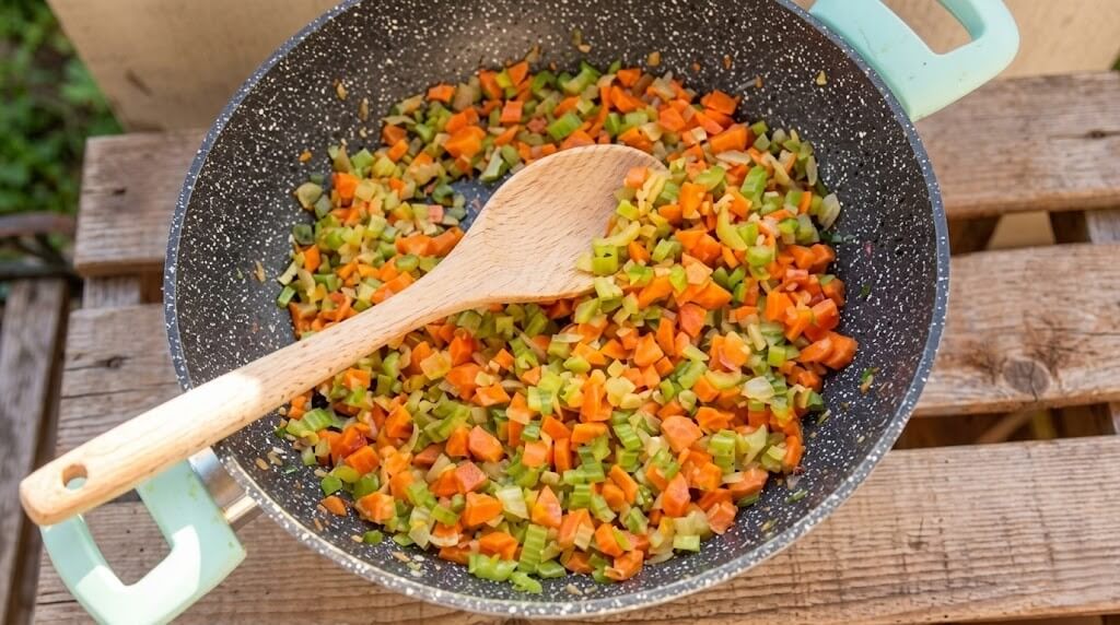 Diced carrots and celery sautéing in a speckled frying pan with a wooden spoon on a wooden surface.