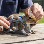 Squirrel with a custom gray and blue wheelchair attached to its hind legs on a wooden table outdoors.