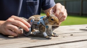 Squirrel with a custom gray and blue wheelchair attached to its hind legs on a wooden table outdoors.