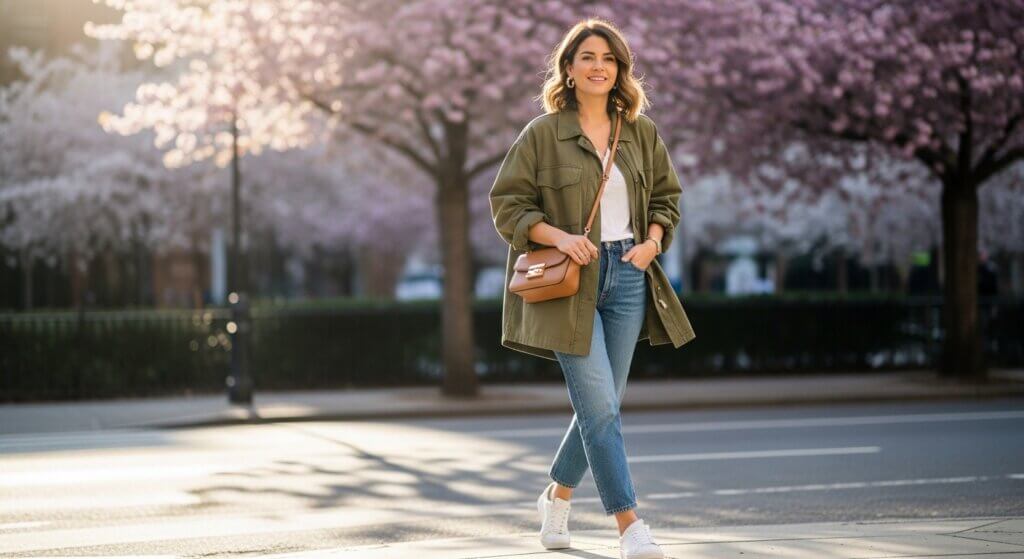 Woman in green jacket and jeans walking on street with pink blossom trees in background