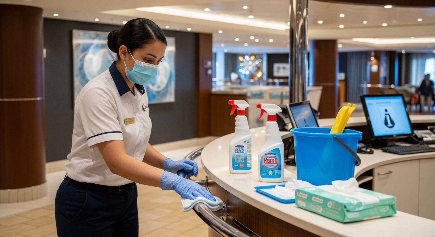 Woman in uniform and mask cleaning a counter with disinfectant sprays and cleaning supplies in a lobby area