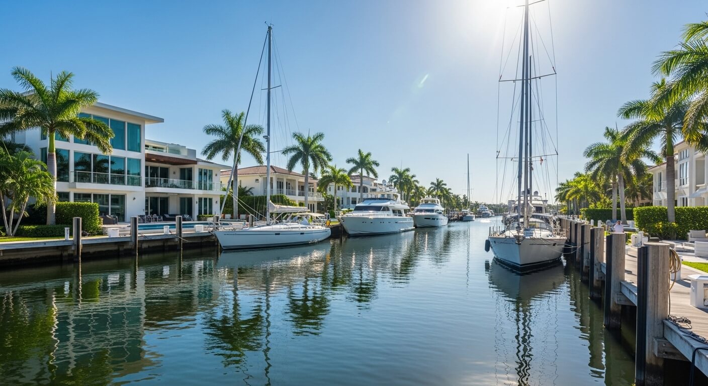 Luxury yachts and sailboats docked along a canal lined with palm trees and modern waterfront homes under a clear sky.