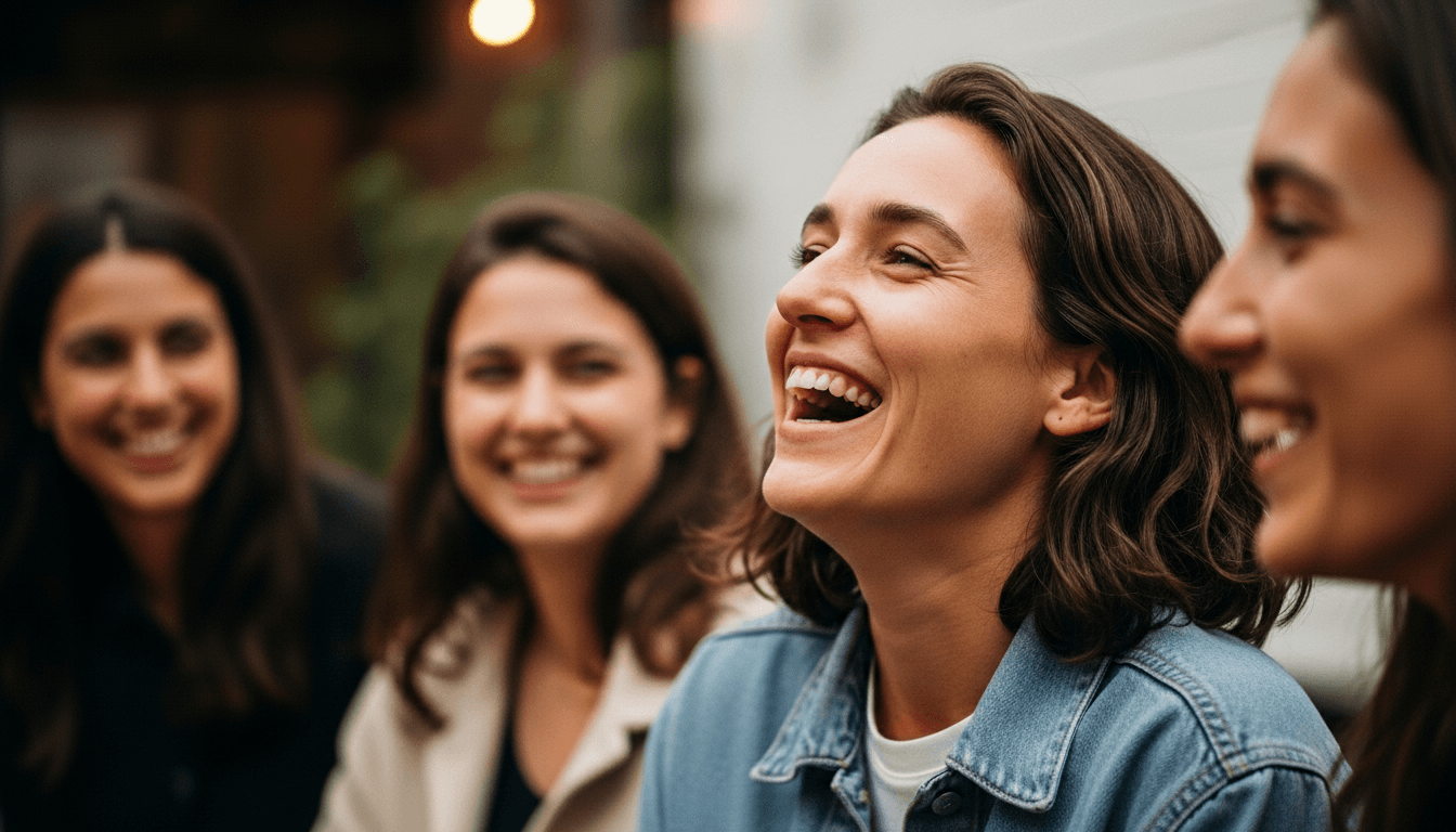 Four young women smiling and laughing together in an outdoor setting
