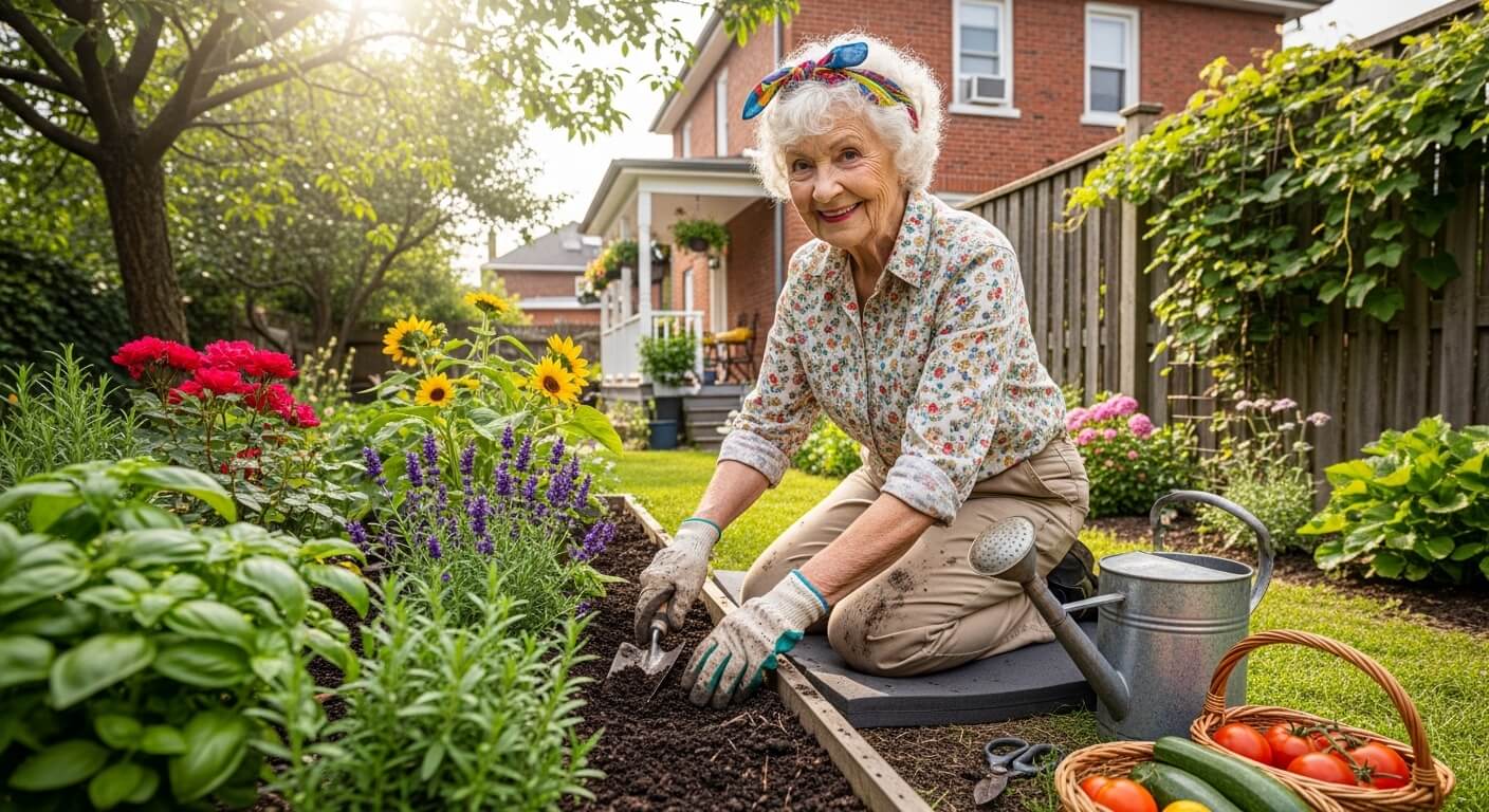 Elderly woman gardening in a backyard with flowers, vegetables, and gardening tools on a sunny day.