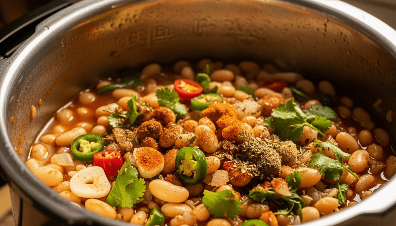 White beans cooking in a pot with sliced garlic, red and green chili peppers, cilantro, and various spices.