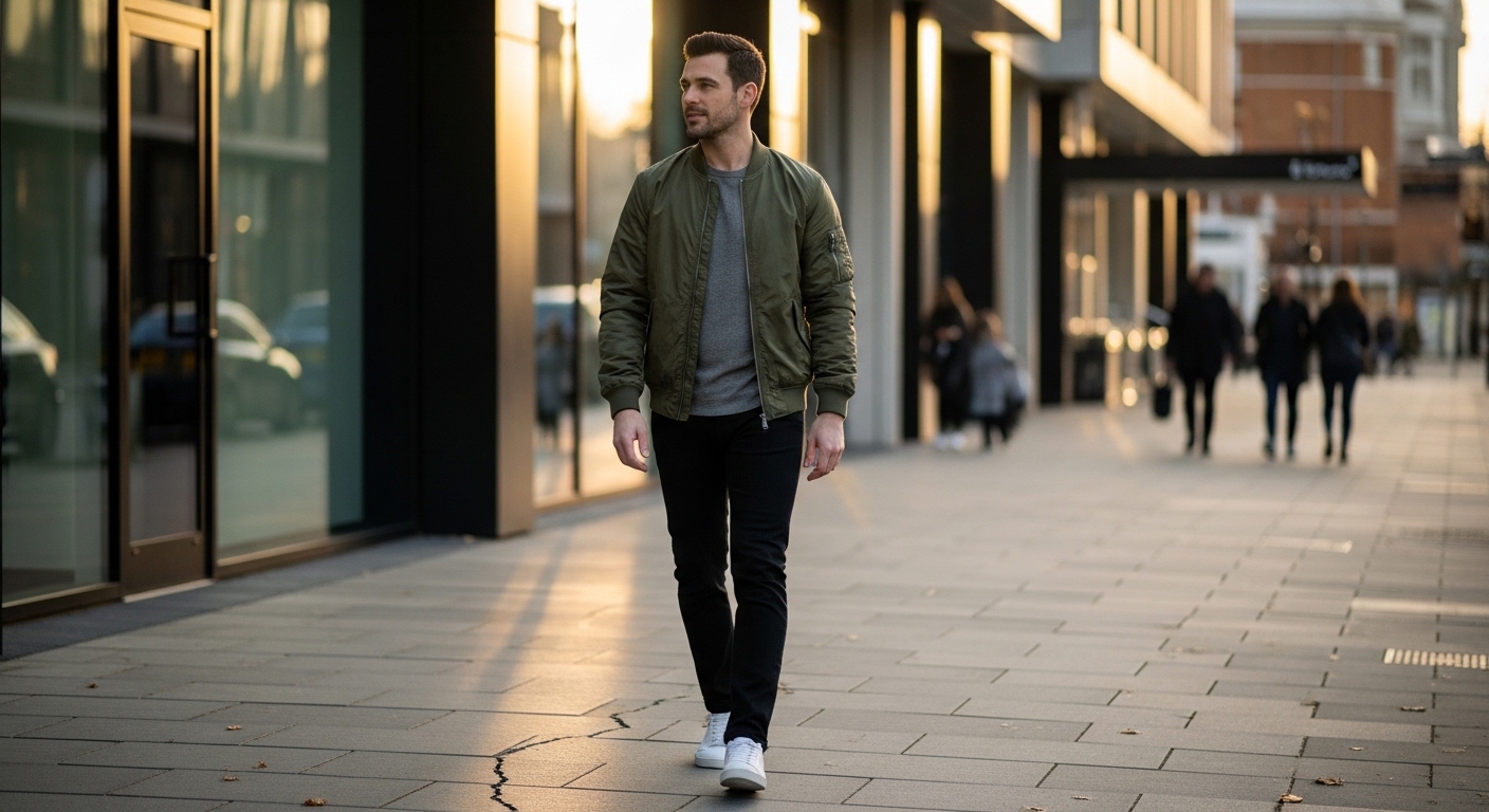 Man walking on city sidewalk wearing green bomber jacket, gray shirt, black pants, and white sneakers at sunset