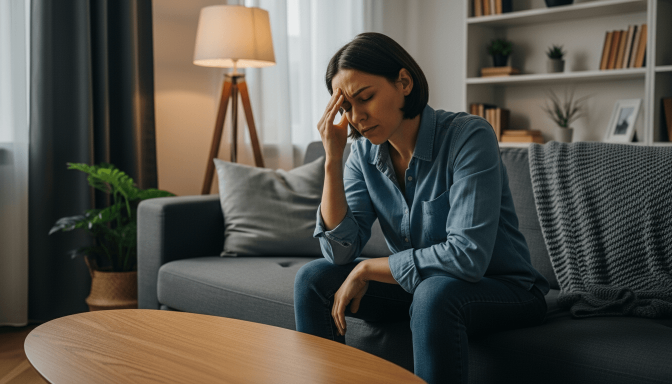 Woman sitting on a gray couch holding her forehead, appearing to have a headache in a living room.